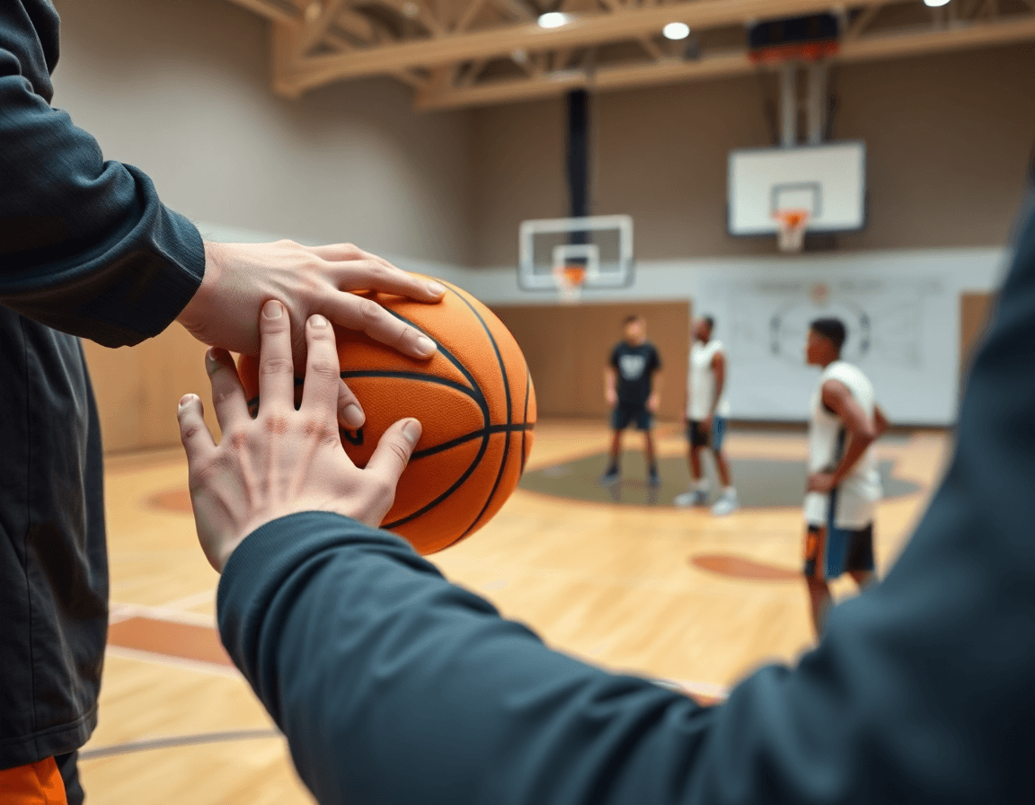 Primer plano de manos con un balón naranja durante ejercicios de defensa baloncesto infantil en la cancha.