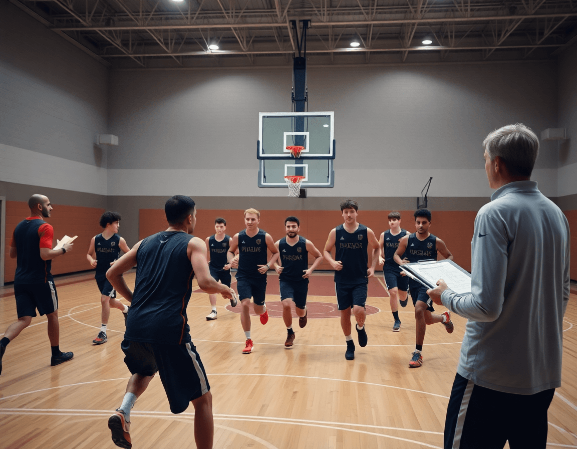Planos cercanos: jugadores en la cancha ejecutando ejercicios de defensa baloncesto infantil con el entrenador usando la pizarra.