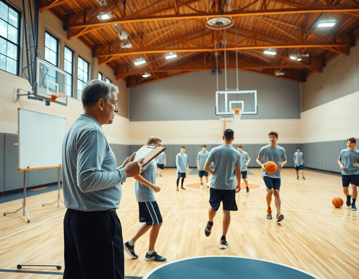 En un gimnasio de baloncesto iluminado, entrenador con pizarra guía a jóvenes en ejercicios de defensa baloncesto infantil.
