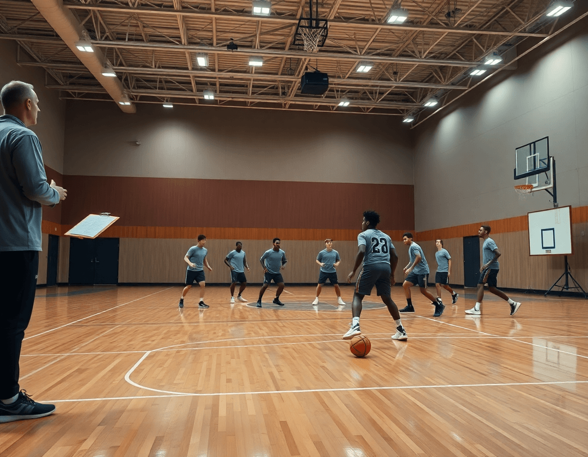 Equipo y entrenador en una cancha practicando ejercicios defensa baloncesto mini con pizarra y balón naranja.
