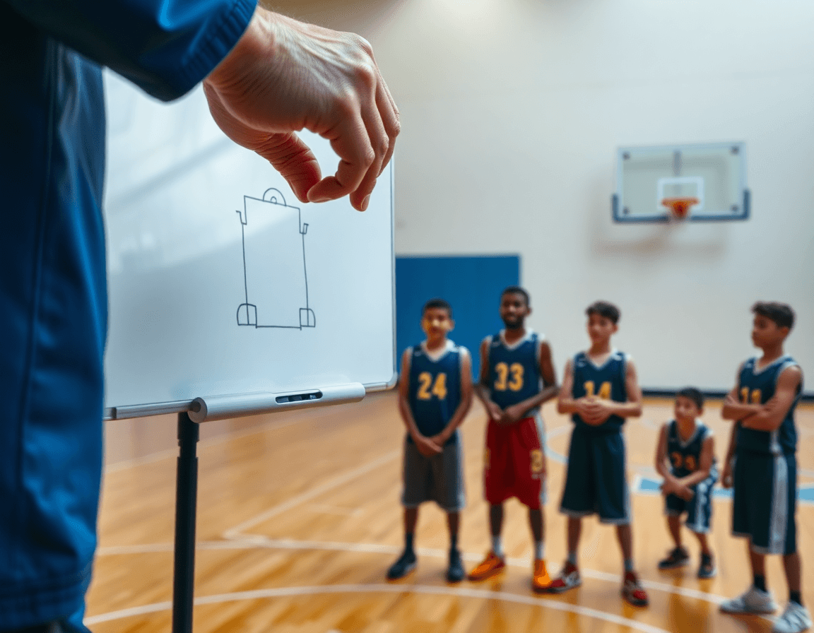 Primer plano de ejercicios defensa baloncesto minibasket en la pizarra, con jugadores atentos observando.