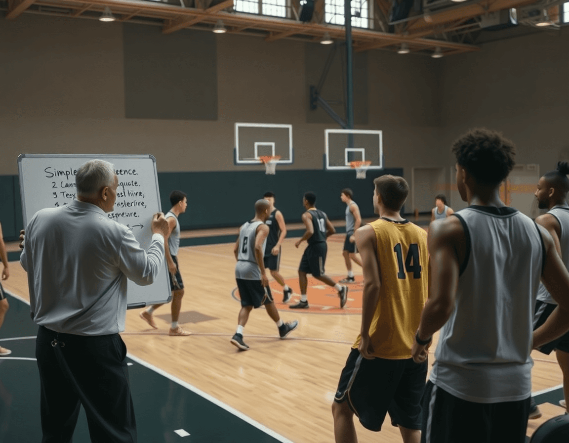 Entrenador explica ejercicios defensa baloncesto minibasket desde la pizarra, mientras jugadores ejecutan movimientos defensivos.