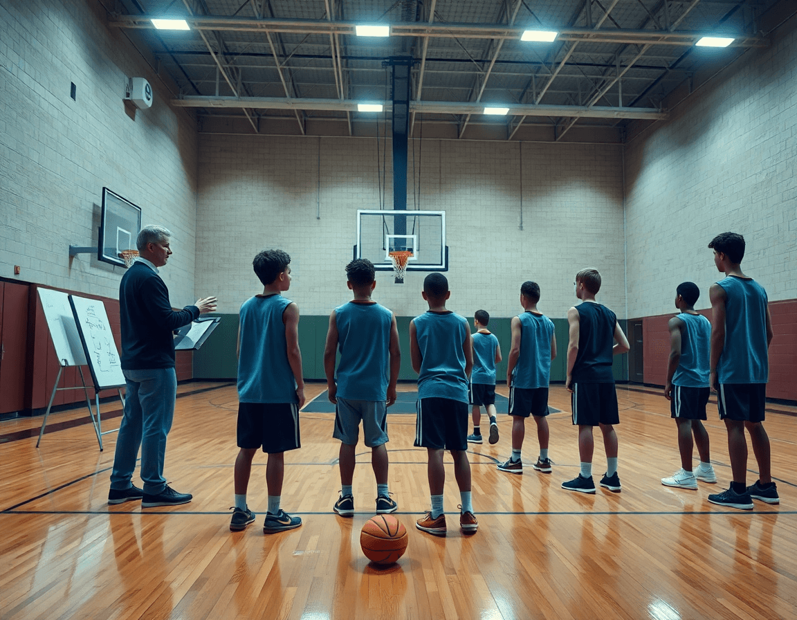 Plano general de ejercicios defensa baloncesto minibasket en una cancha oscura, entrenador de pie guiando desde la banda.