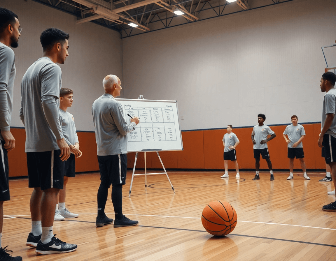 Vista cercana de entrenador con pizarra táctica, ejercicios basket defensa se despliegan entre jugadores.