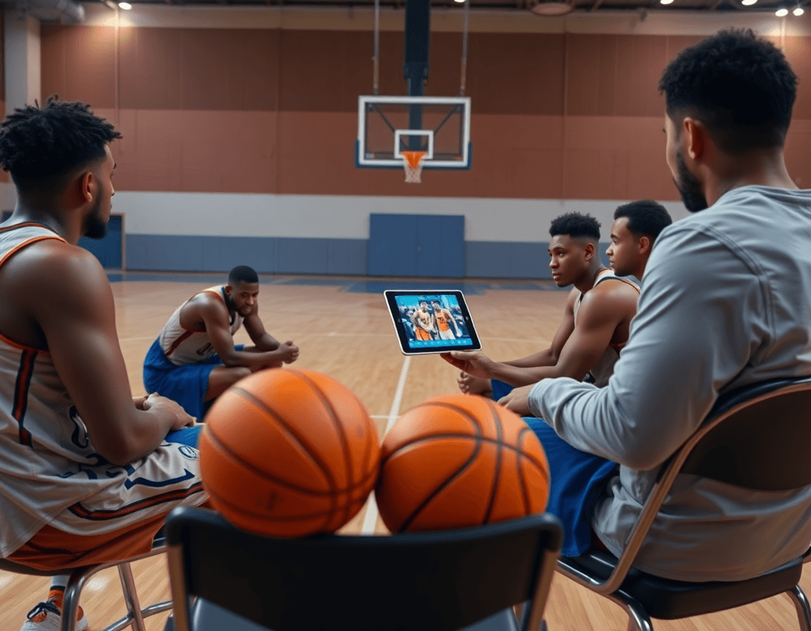 Revisión de video en la banca durante ejercicios basket defensa, jugadores estudian cambios tácticos.