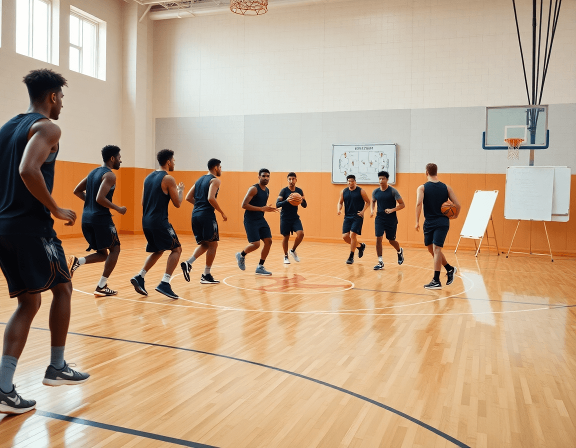 En la cancha interior, ejercicios defensa baloncesto con entrenador explicando jugadas en la pizarra.