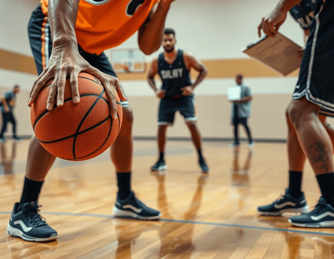 Primer plano de manos con balón naranja y defensa baloncesto, mientras jugadores ejecutan ejercicios defensa baloncesto.