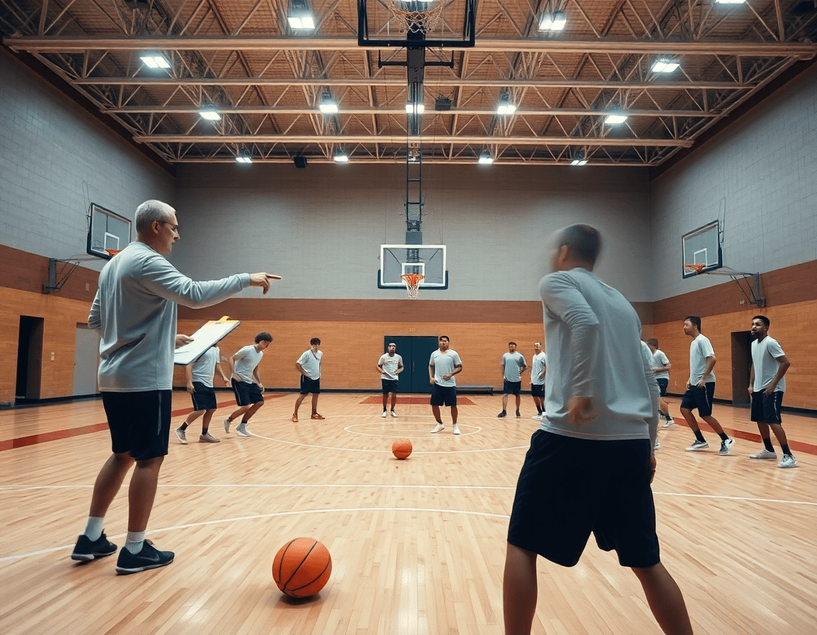 Gran escena de gimnasio de baloncesto con entrenador y equipo practicando ejercicios defensa baloncesto en la cancha.