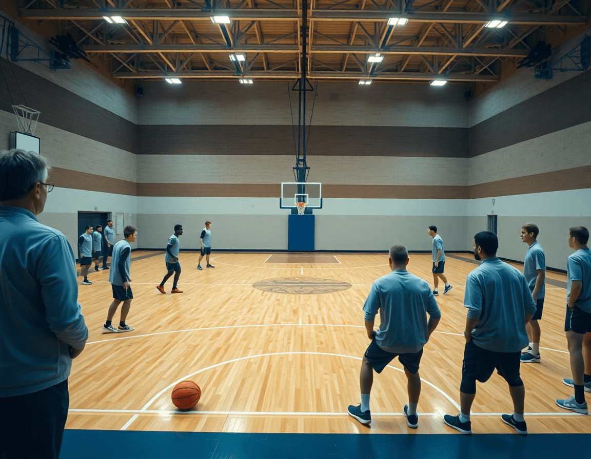 Entrenador dirige ejercicios basket defensa durante la práctica, jugadores atentos en la cancha de baloncesto.