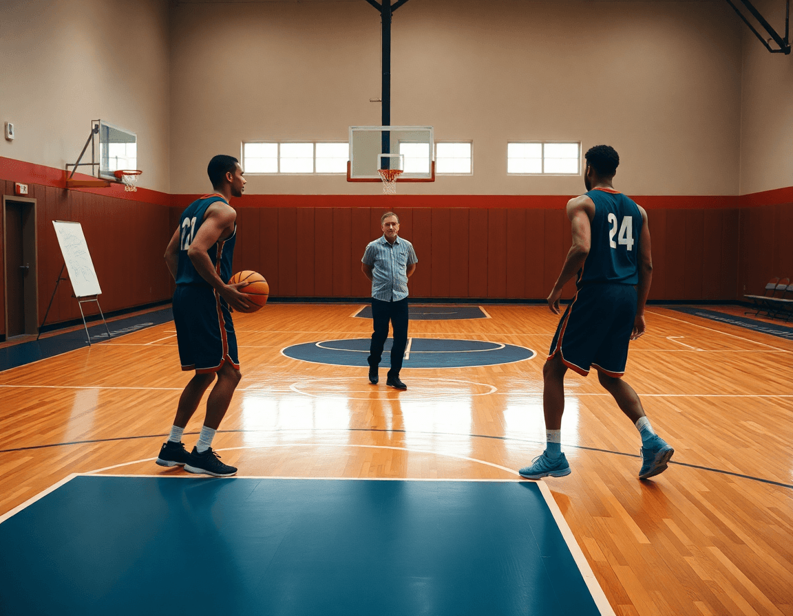 Medio plano de jugador con balón, defensa y pase, durante ejercicios defensa contraataque baloncesto en la cancha.