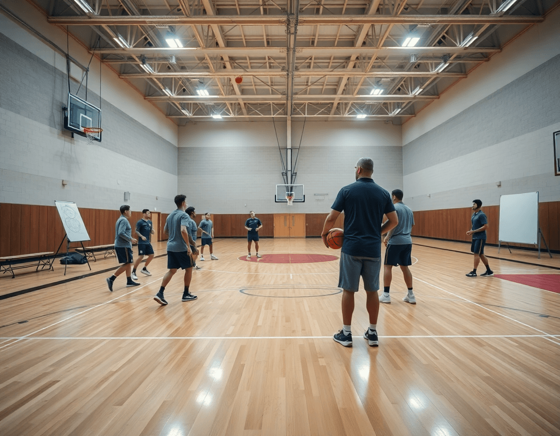 Equipo practica ejercicios defensa contraataque baloncesto en un gimnasio de baloncesto con iluminación.