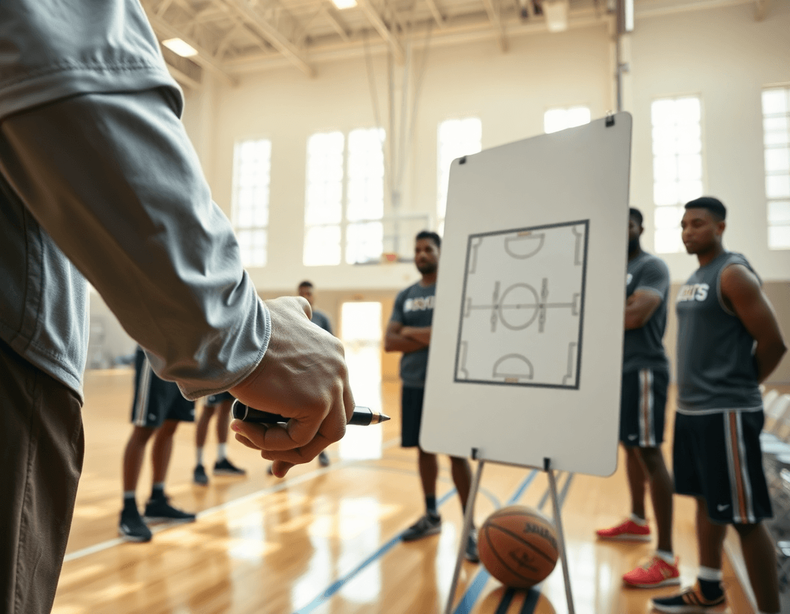 Primer plano de la pizarra táctica y ejercicios defensa en zona baloncesto en equipo.