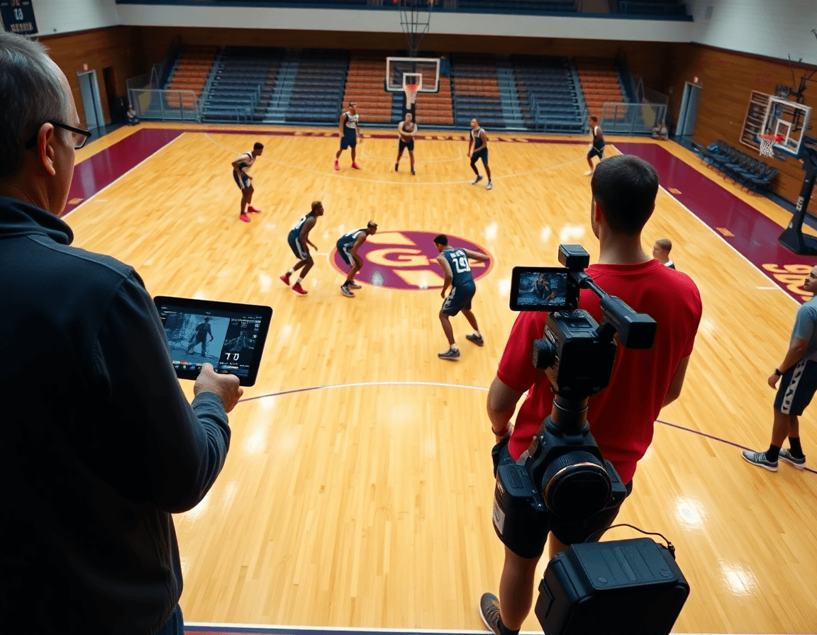 Defensa en zona baloncesto en acción: coach revisa clips y ejercicios defensa en zona baloncesto.