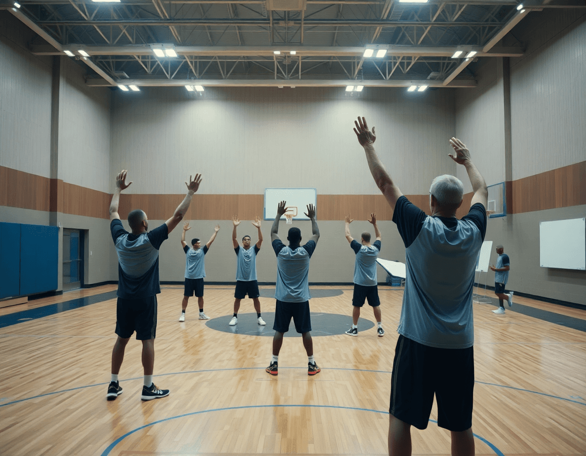 Escena amplia de baloncesto en gimnasio mostrando ejercicios defensa en zona baloncesto en acción.