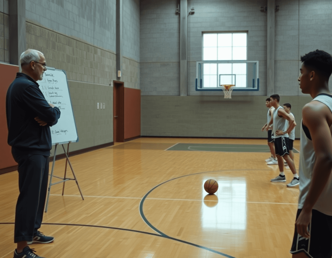 Entrenador de baloncesto supervisa ejercicios entrenamiento baloncesto individual durante un drill de manejo de balón.
