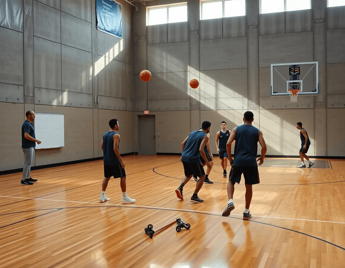 Sesión de ejercicios entrenamiento baloncesto individual con entrenador y jugadores en pista.