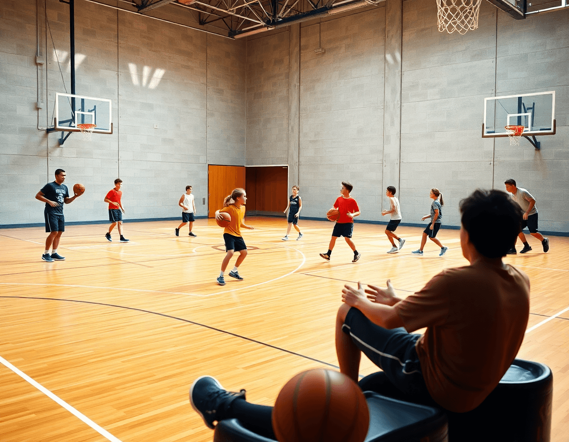 Calentamiento inicial para ejercicios entrenamiento baloncesto infantil en cancha de baloncesto.