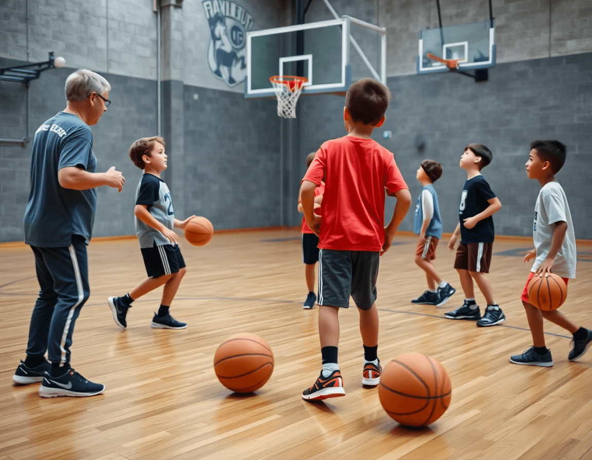 Enfoque en fundamentos de baloncesto infantil con ejercicios entrenamiento baloncesto infantil en la cancha.