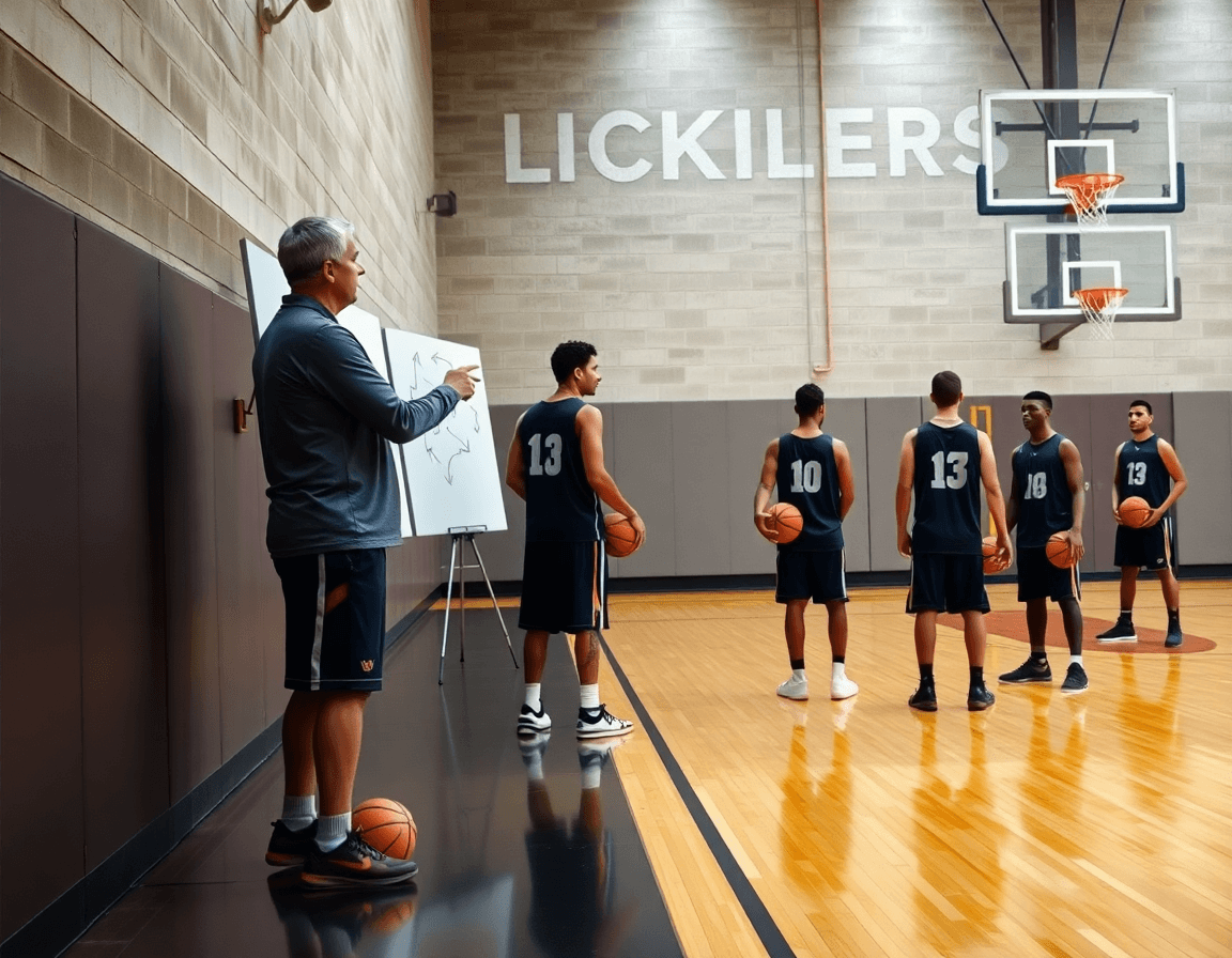 Enseñanza frente a pizarra con ejercicios entrenamiento baloncesto infantil en la sesión de hoy.
