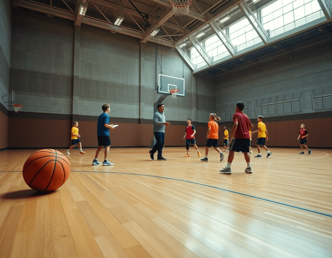 Vista amplia de un gimnasio de baloncesto con entrenador y equipo infantil practicando ejercicios entrenamiento baloncesto infantil.