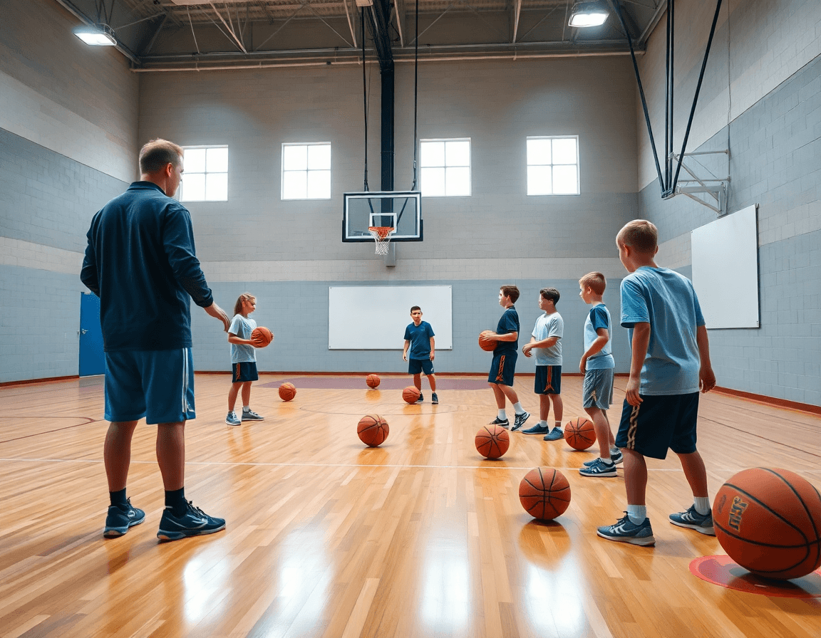 Escena en gimnasio de baloncesto con entrenador, ejemplos de ejercicios entrenamiento baloncesto niños en la pizarra.