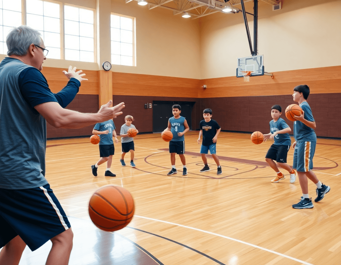Escena en cancha de baloncesto con grupo joven practicando manejo y pases, ejercicios entrenamiento baloncesto niños.