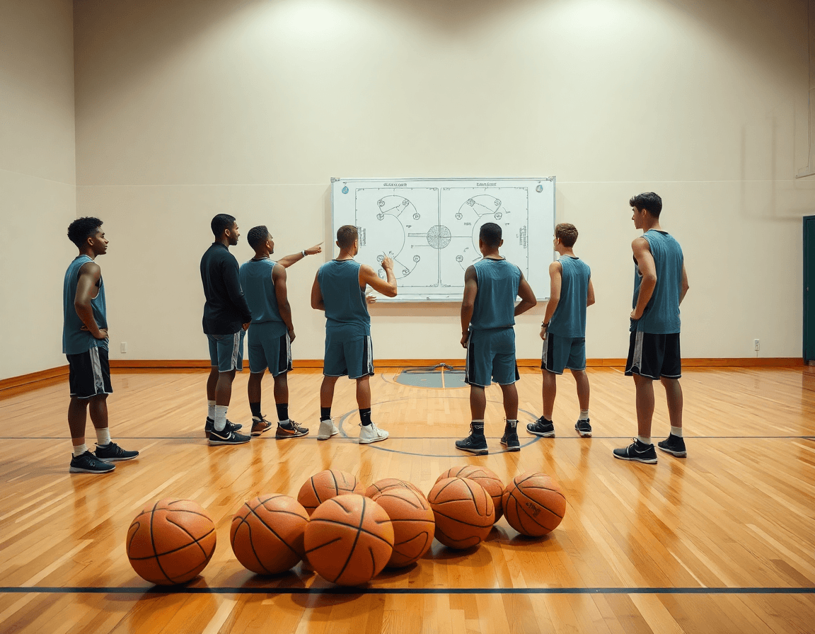 Escena de scouting en gym de baloncesto, entrenador analizando rivales con ejercicios entrenamiento baloncesto niños.