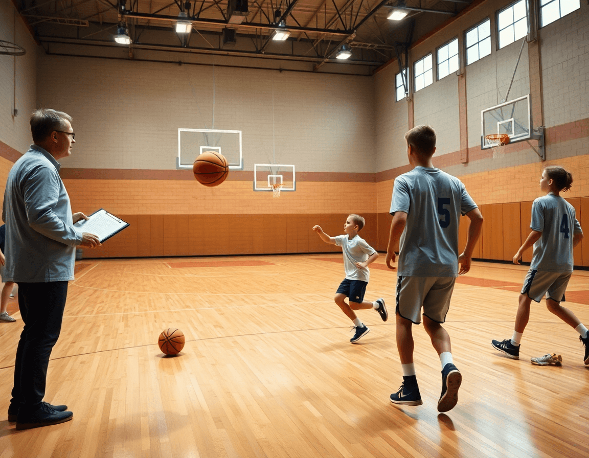 Plan semanal de baloncesto para niños, entrenador dirige ejercicios entrenamiento baloncesto niños en un gimnasio.