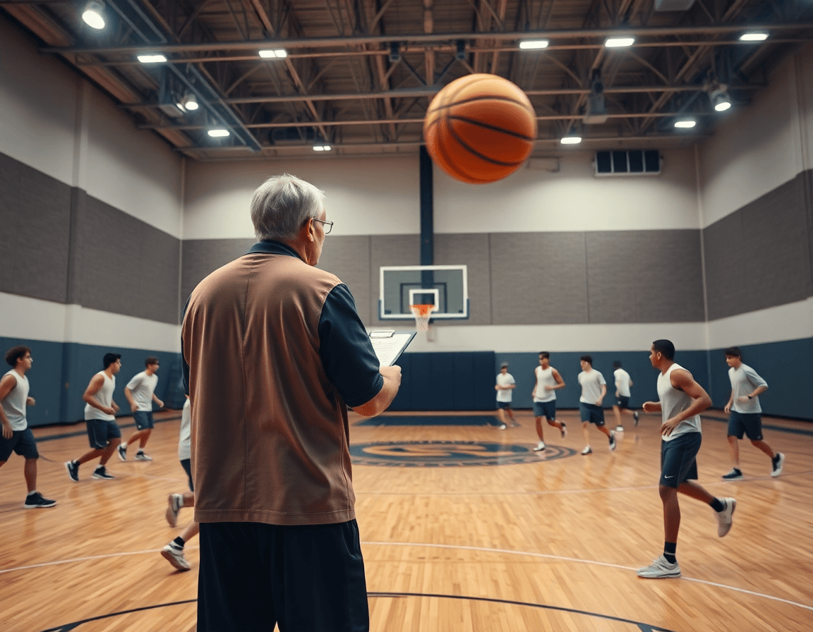 Plan general de ejercicios entrenamiento baloncesto en una cancha de baloncesto, entrenador y equipo moviéndose.