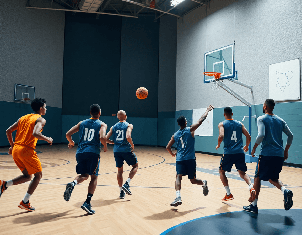 Ejercicios finalizaciones baloncesto minibasket: entrenador explica movimientos desde el banco mientras jugadores practican.