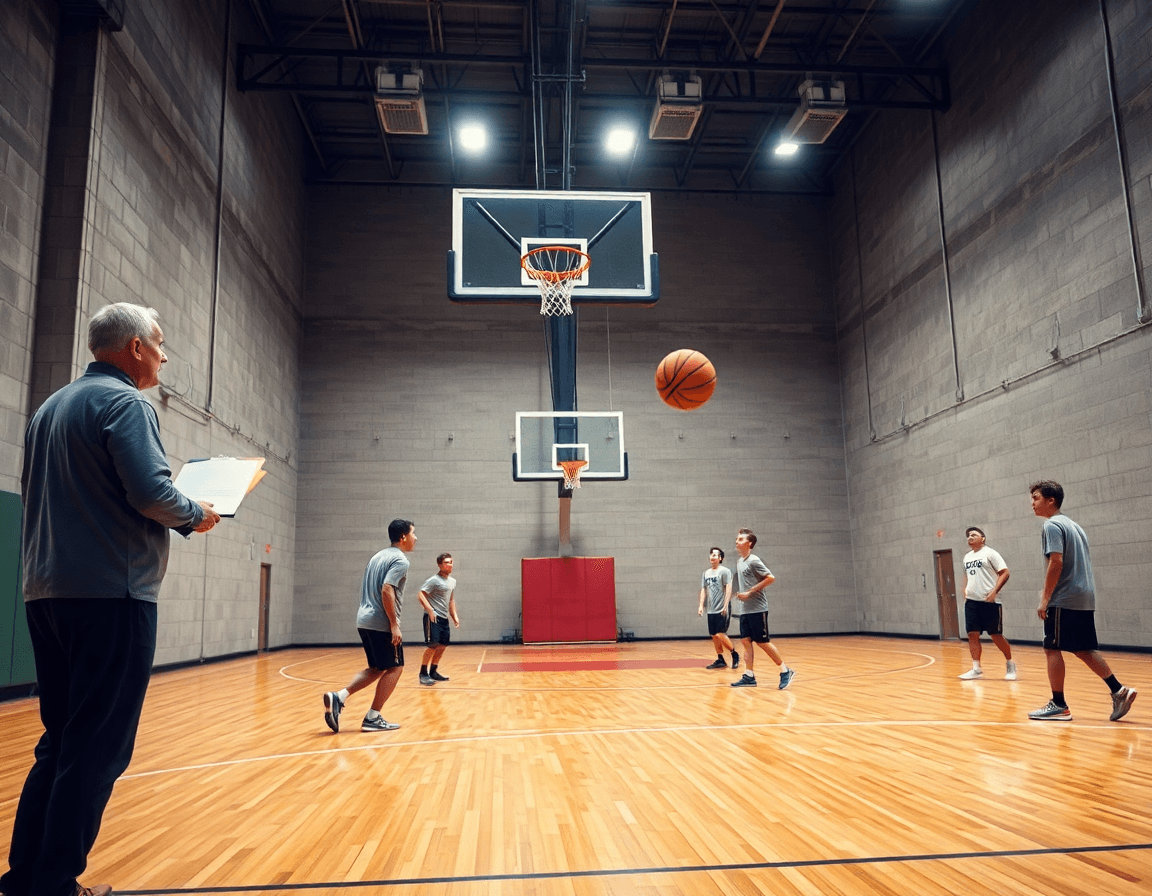Escena amplia de ejercicios finalizaciones baloncesto minibasket en un gimnasio, entrenador con pizarra y balón naranja.