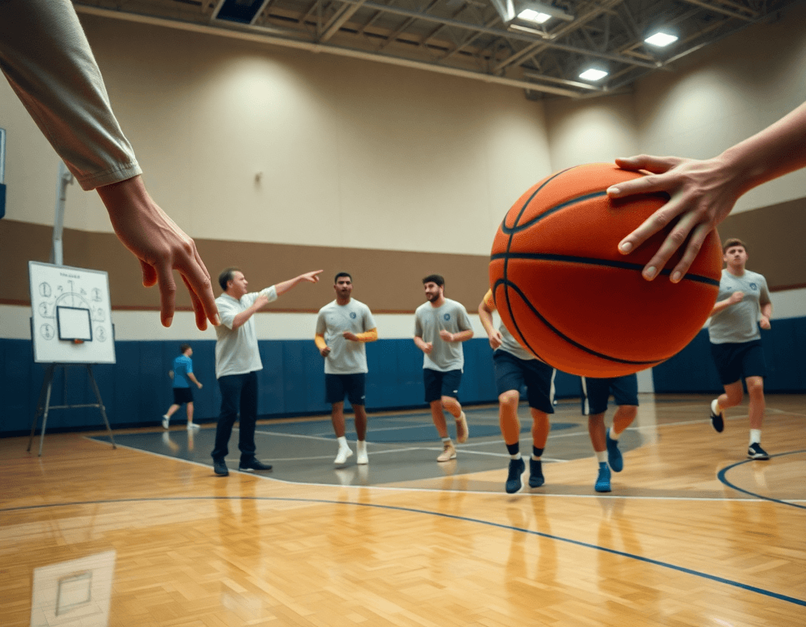 Primer plano de ejercicios fisicos baloncesto en pista de baloncesto, manos y balón.