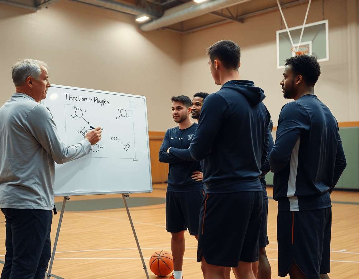 Planos cercanos de ejercicios fisicos baloncesto con entrenador mostrando tácticas en la pista.