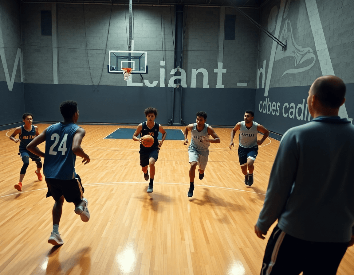 Tanda de ejercicios fisicos baloncesto en la cancha, jugadores avanzan con balón.