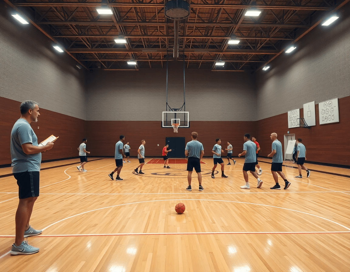 Vista amplia de ejercicios fisicos baloncesto en una cancha; entrenador y jugadores practican juntos.