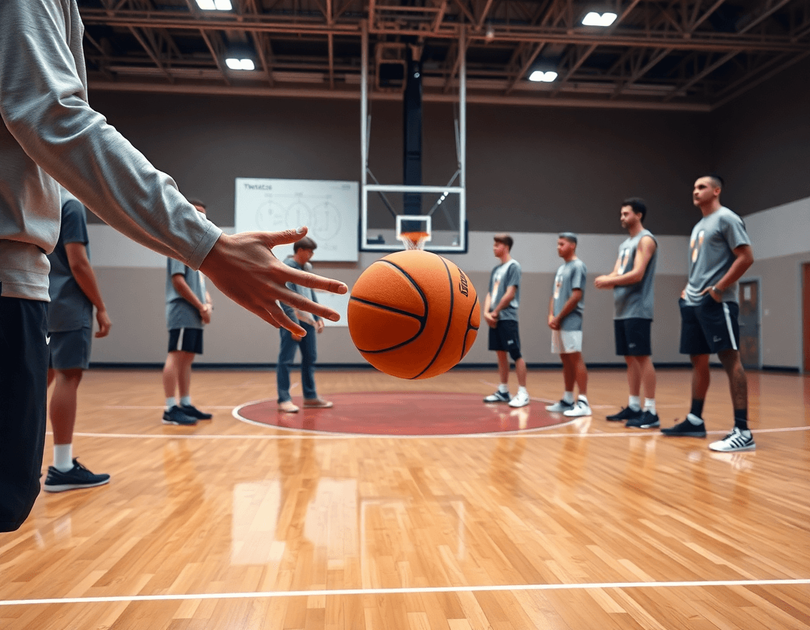 Ejercicios minibasket pasar y cortar en primer plano de manos y balón de baloncesto.