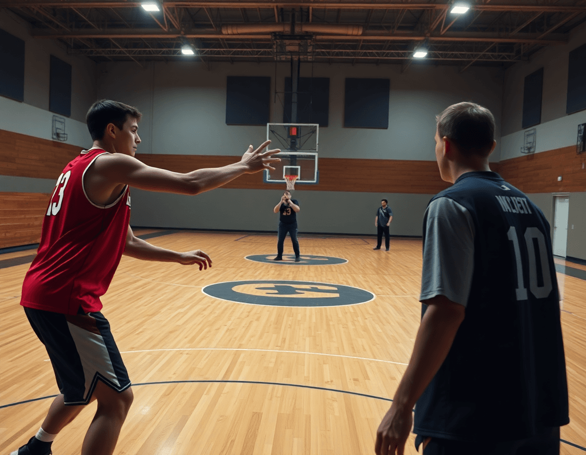 Ejercicios minibasket pasar y cortar en primer plano de dos jugadores cerca de la llave.