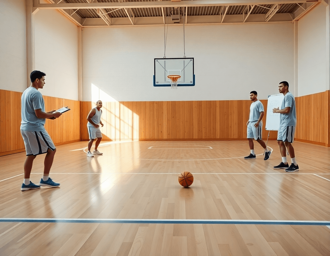 Equipo practica ejercicios baloncesto minibasket con bote controlado en una cancha de madera.