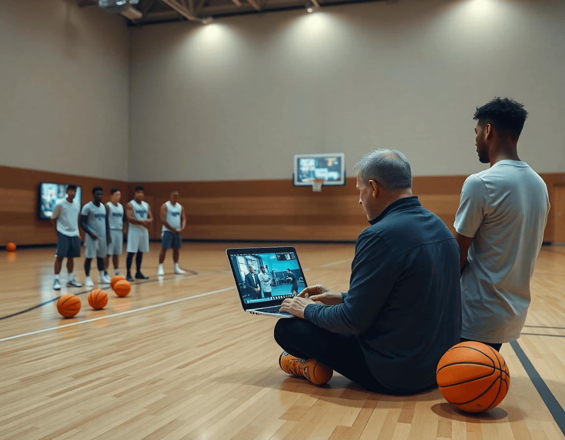 Entrenador revisa video de ejercicios baloncesto minibasket mientras jugadores miran atentos desde la banca.
