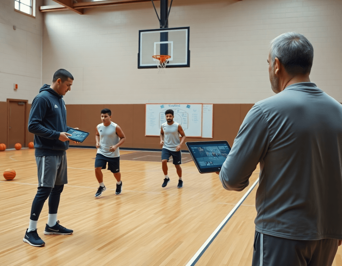 Entrenador guía ejercicios baloncesto minibasket mientras analiza rivales y los jugadores ejecutan movimientos simples.