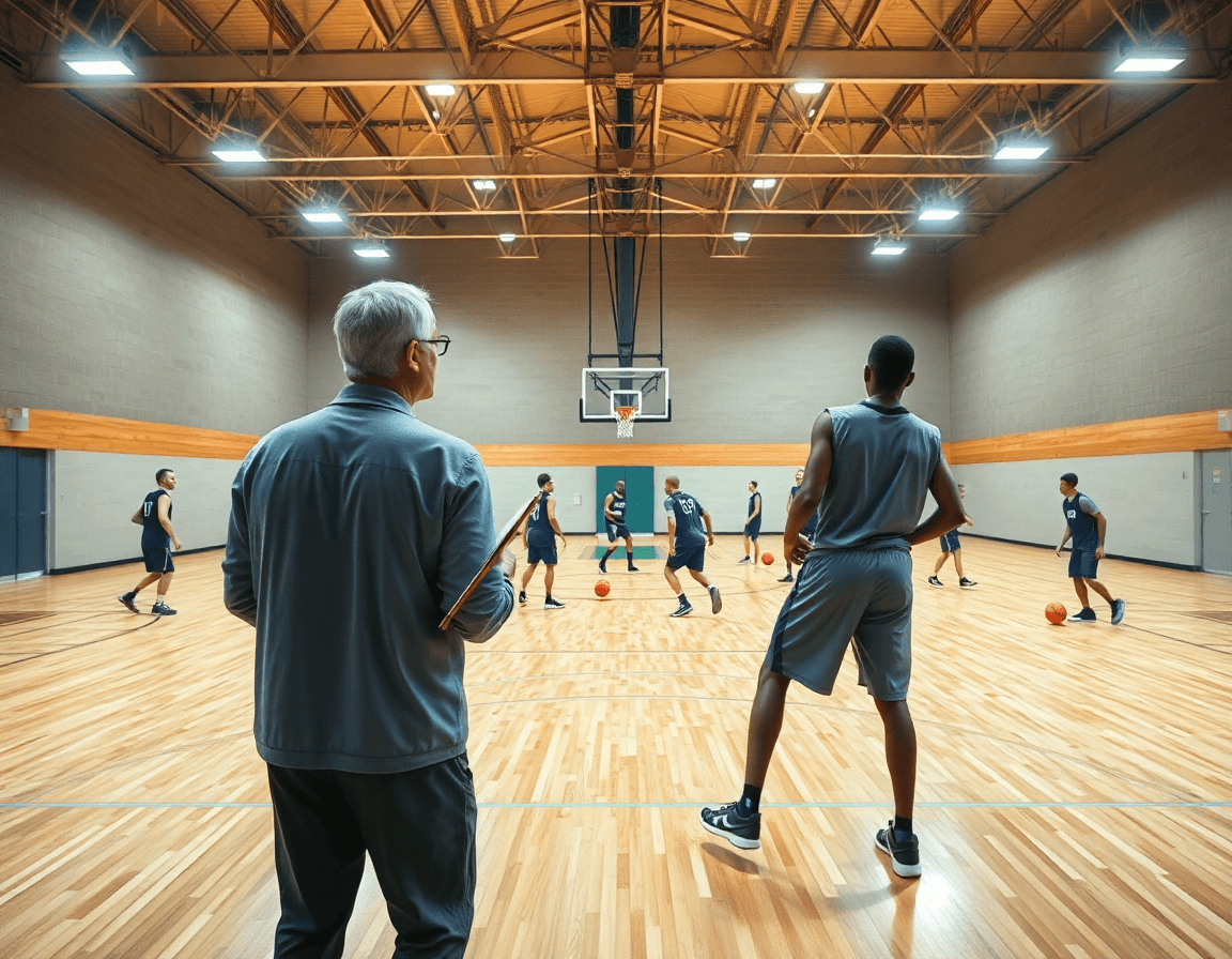 Entrenador dirige ejercicios baloncesto minibasket en un gimnasio con pista de madera y luces.