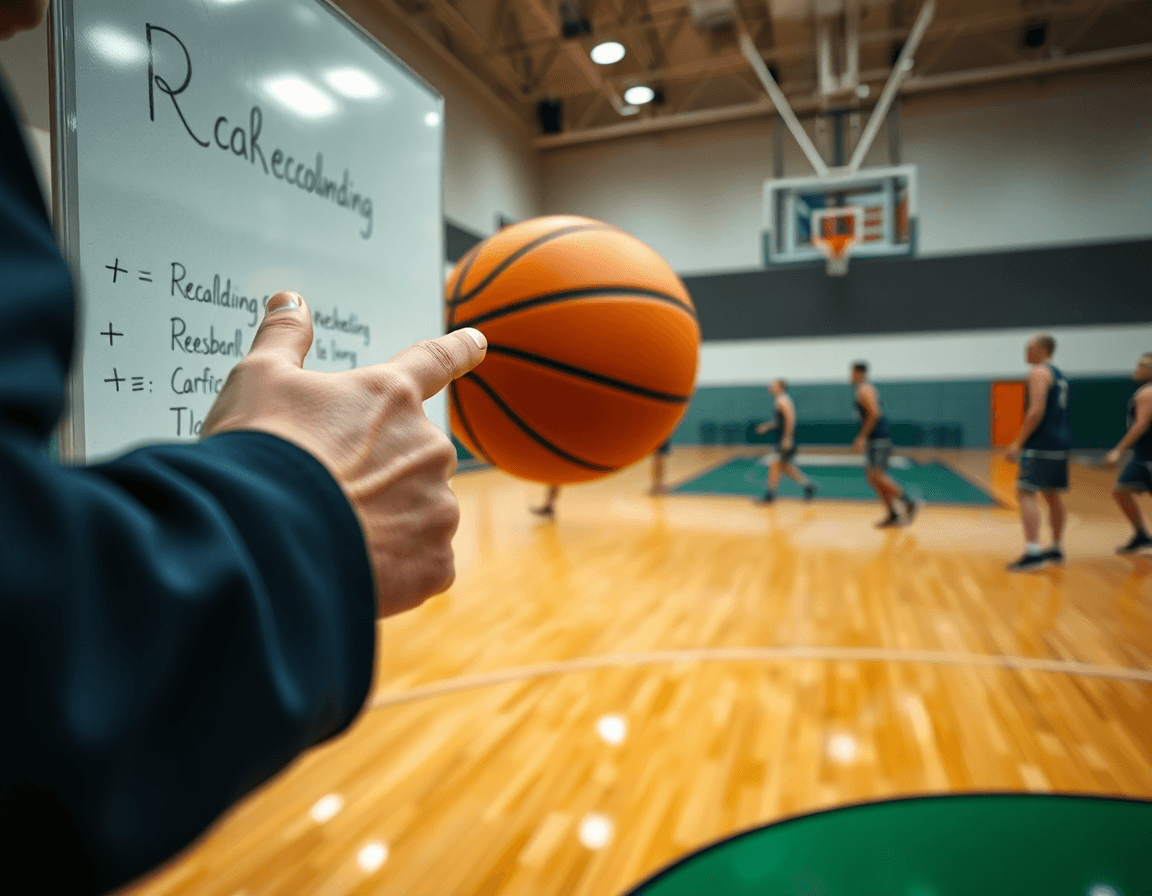 Primer plano de manos con una pelota y una pizarra que muestra ejercicios para cerrar el rebote baloncesto.