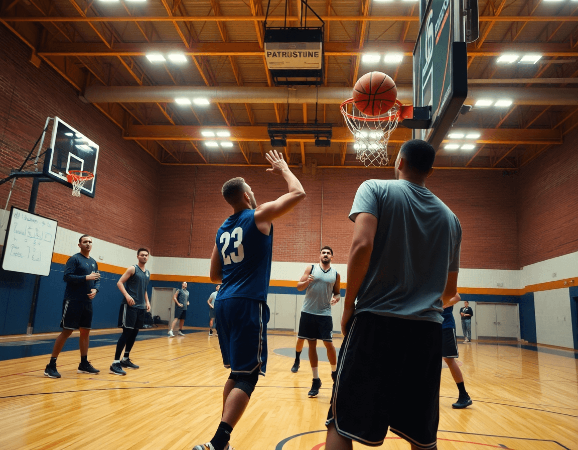 Plano general de un gimnasio de baloncesto durante ejercicios para cerrar el rebote baloncesto.