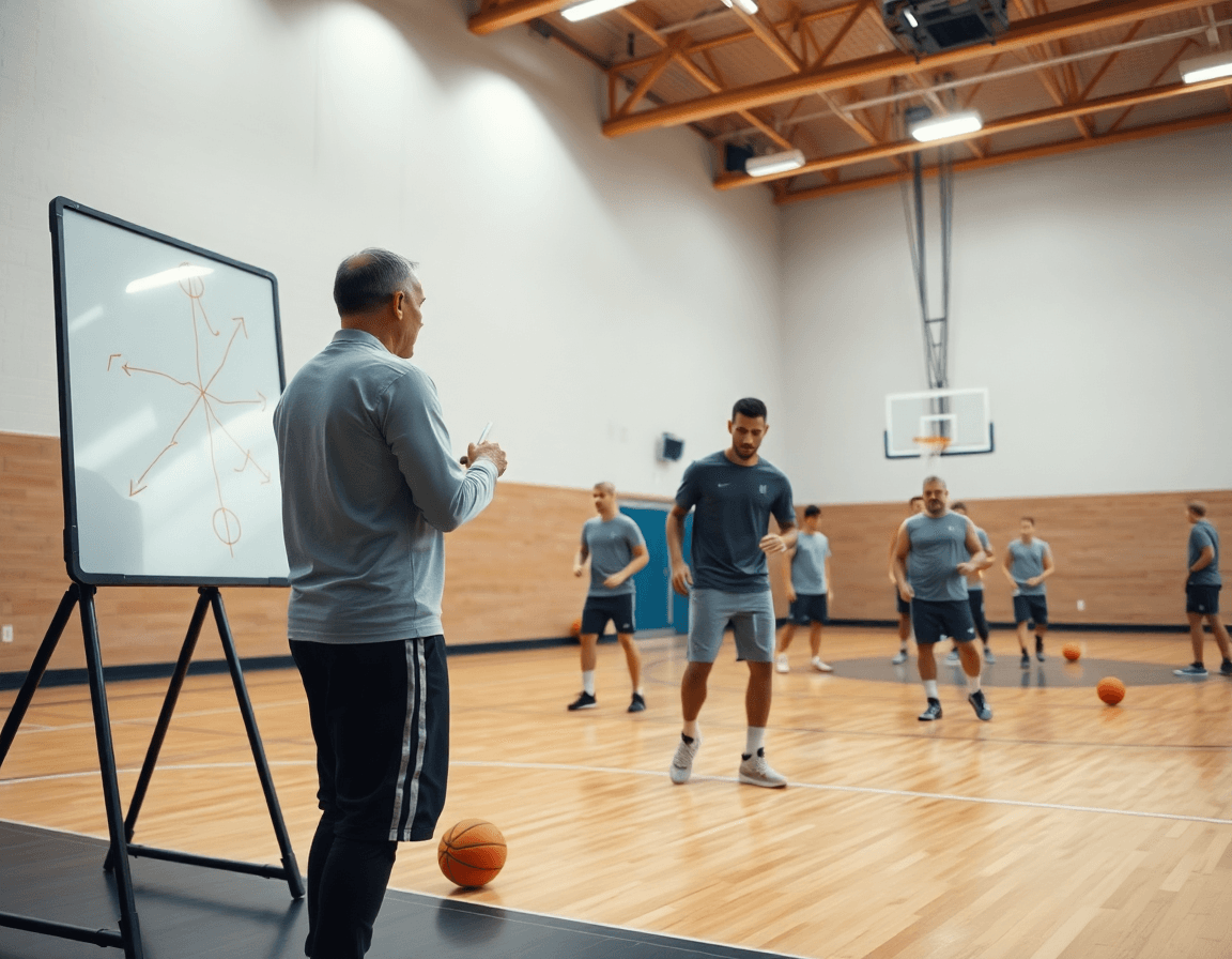 Escena amplia de baloncesto en un gimnasio, entrenador y equipo practicando ejercicios para pase en baloncesto.