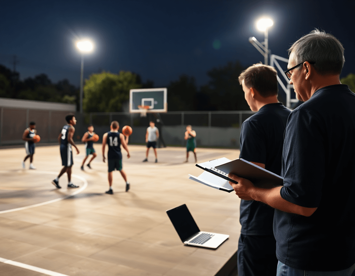 Escena de scouting y preparación para ejercicios para rebote baloncesto en una cancha exterior.