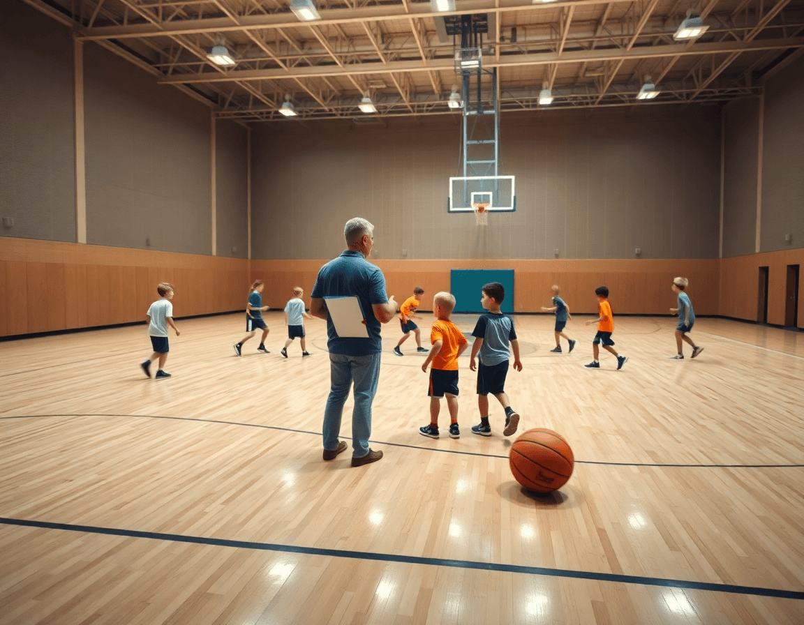 Ejercicios de pase baloncesto para niños en un gimnasio, entrenador con pizarra y jóvenes jugando.