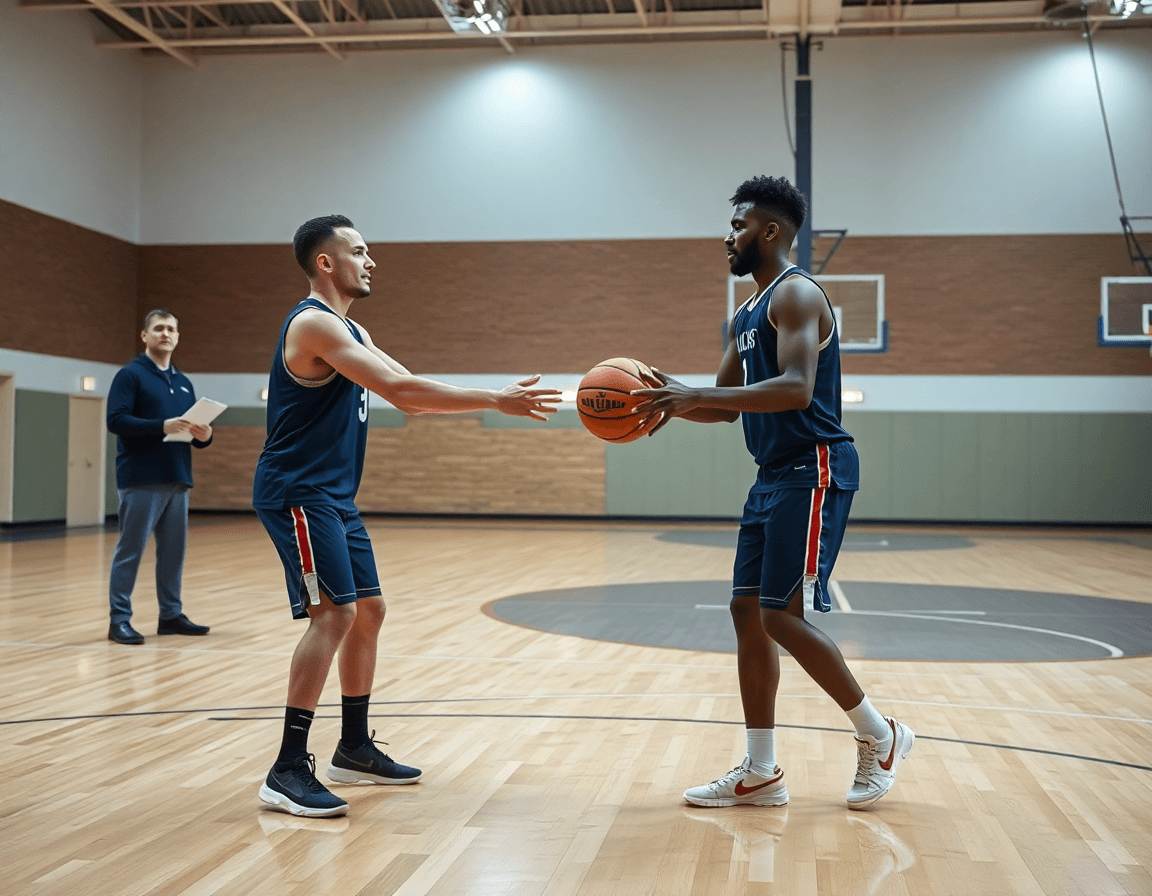 Primer plano de dos jugadores pasando un balón durante ejercicios pase baloncesto en una cancha de madera.
