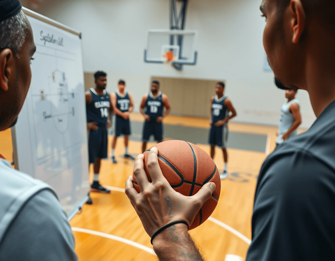 Primer plano del entrenador dibujando ejercicios pase baloncesto en una pizarra táctica mientras jugadores miran.