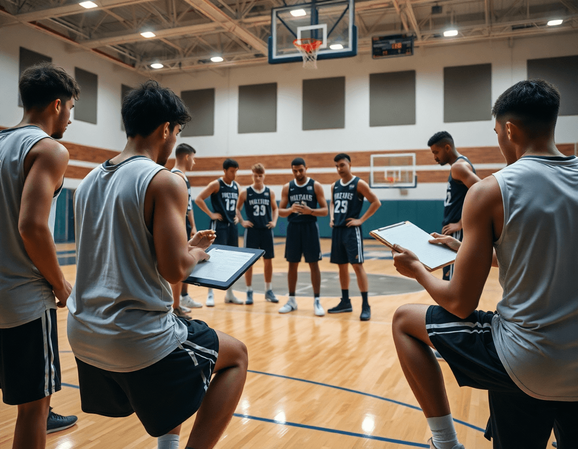 Equipo de baloncesto revisa notas de reconocimiento en una tableta mientras practican defensa en la cancha de baloncesto.