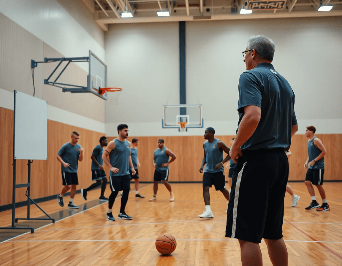 Gran escena de baloncesto en gimnasio: entrenador y equipo practicando ejercicios pase baloncesto durante la semana.